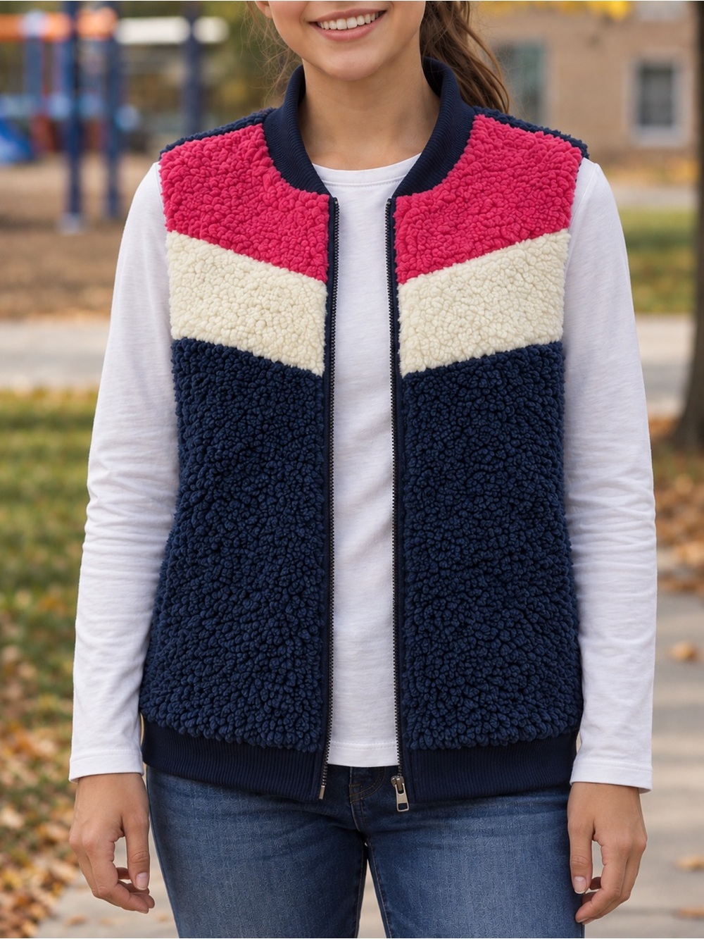 WONDER NATION Sherpa Fleece Vest Girls L 10-12 Plus Pink Navy Colorblock NWOT